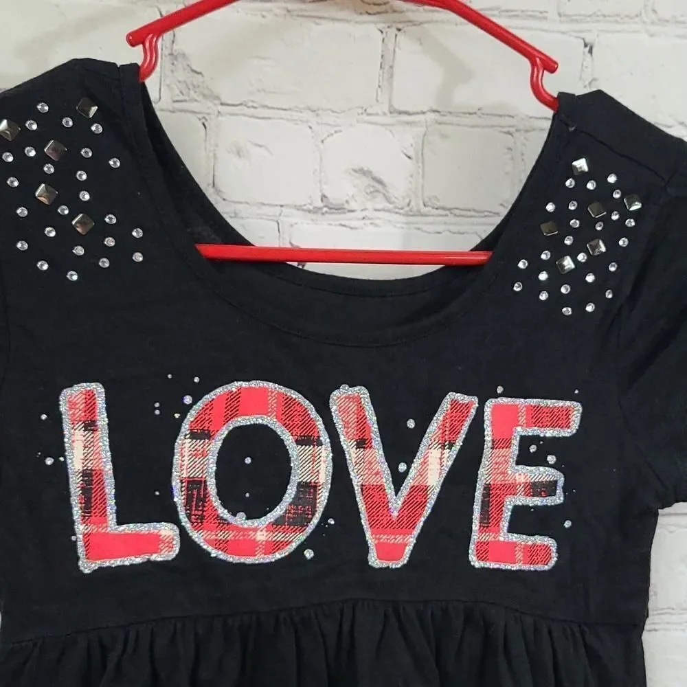 Justice Girls LOVE Plaid Glitter Rhinestone Stud Tunic Tee Black Size 10 Medium